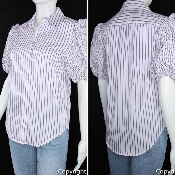 NWOT Petersyn smocked puff short sleeve button front top,‎ white with stripes - Picture 2 of 15